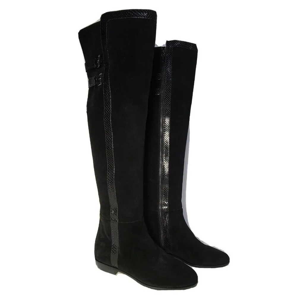 Michael Kors Womens boots OTK Over the Knee black Suede snake trim flat sz 7.5